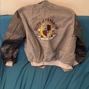 Gray and Black Bomber Jacket with Colorful Back Patch
